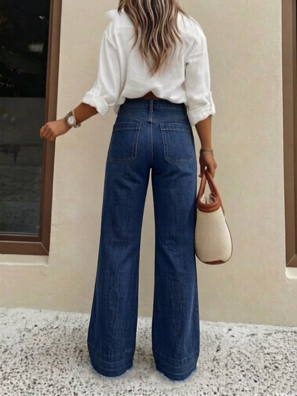 Dark Wash Women's Casual Loose Fit Wide Leg Denim Pants - Picture 3 of 5